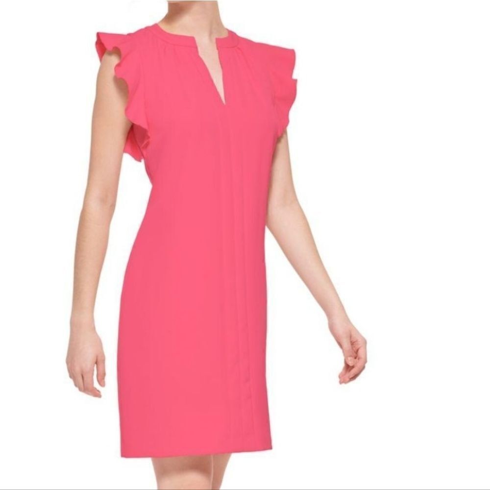 Vince Camuto Pink Scuba Crepe Notch-neck Ruffle Sleeve Shift Dress‎ Size 8